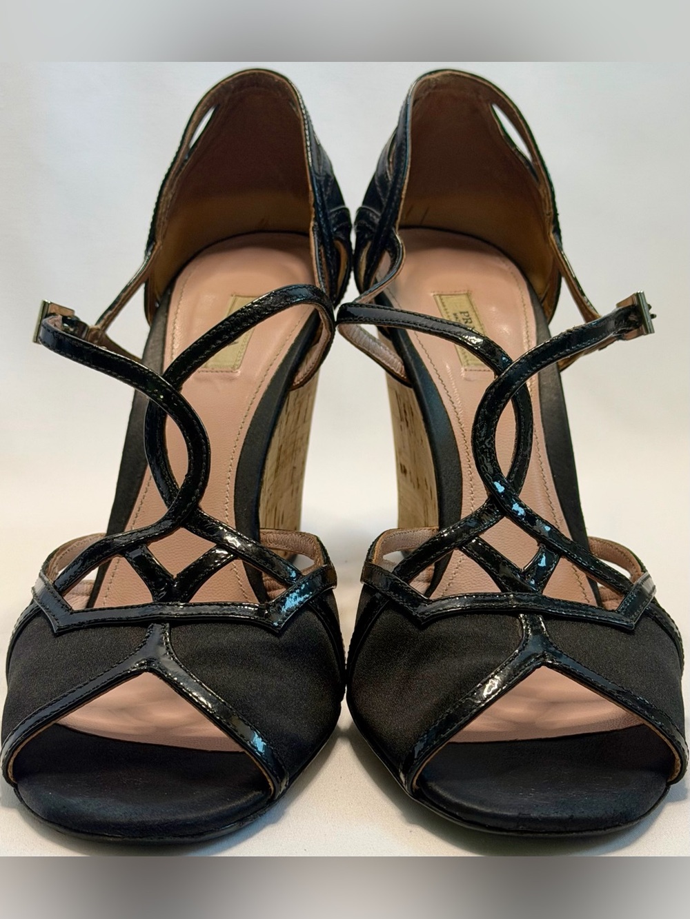 Prada Black Satin Patent Leather Cork Wedge Sandals Ankle Strap EU 38.5
